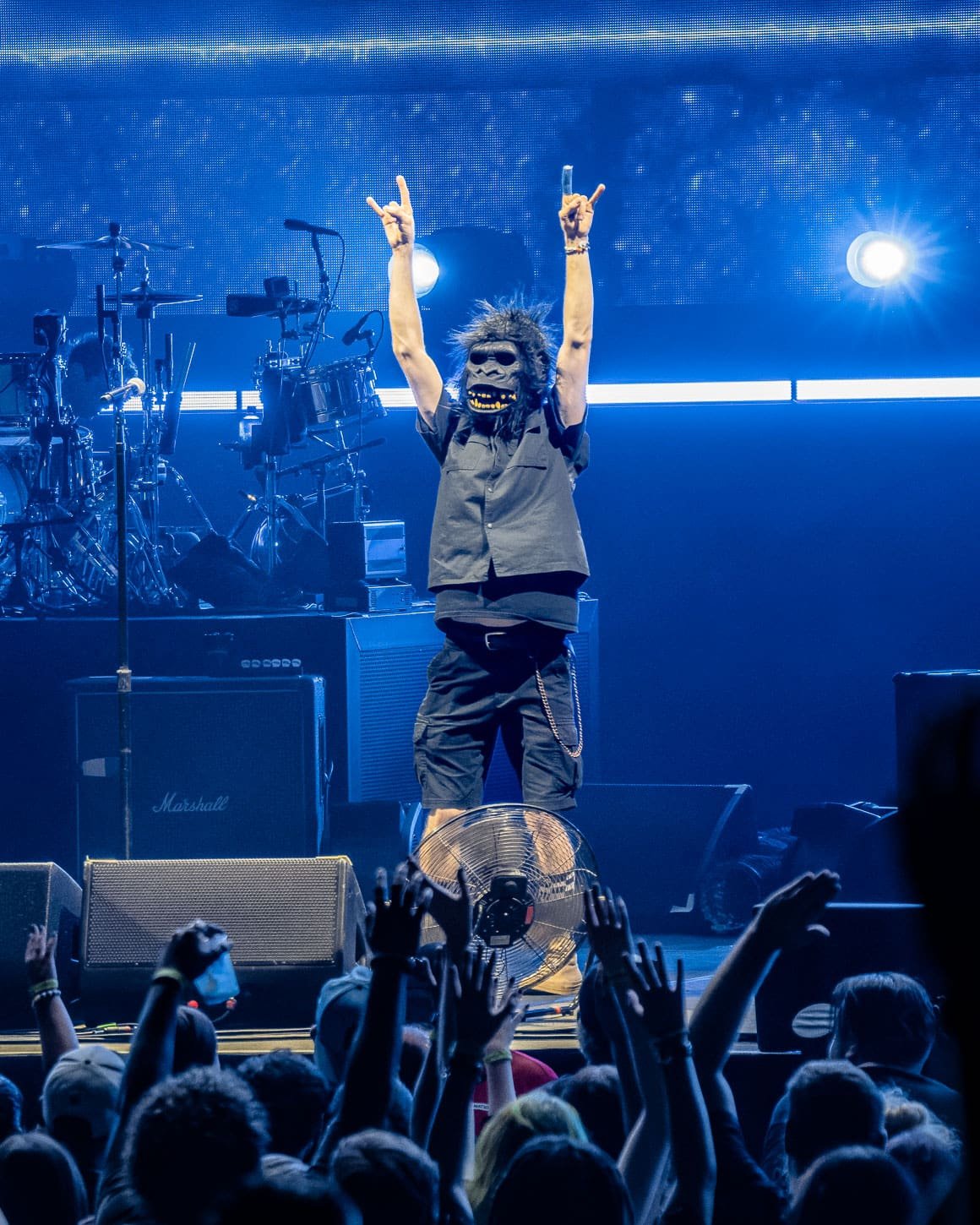 A gorilla shoots t-shirts into the crowd before The offspring takes the stage. A gorilla shoots t-shirts into the crowd before The offspring takes the stage.